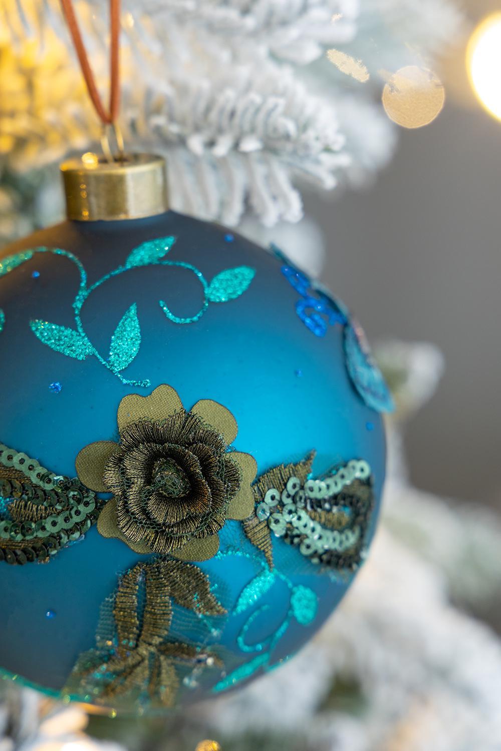 Light Blue Glass Christmas Ball Ornaments with Glitter Details - Set of 4 or 6