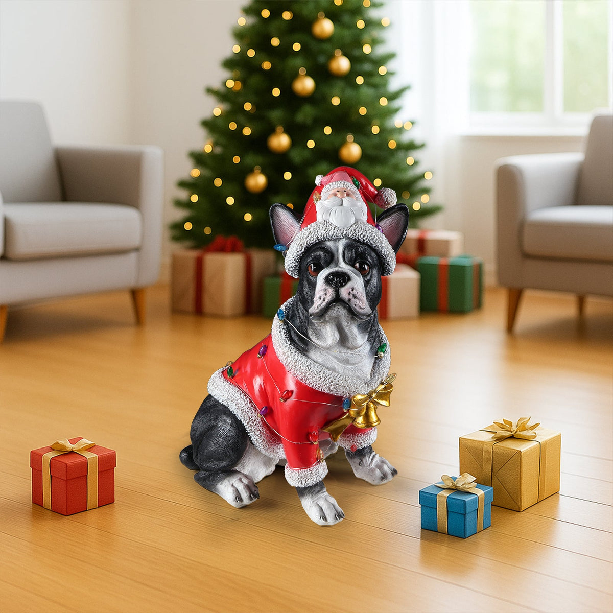 Christmas French Bulldog Statue with Santa Outfit - Holiday Dog Figurine