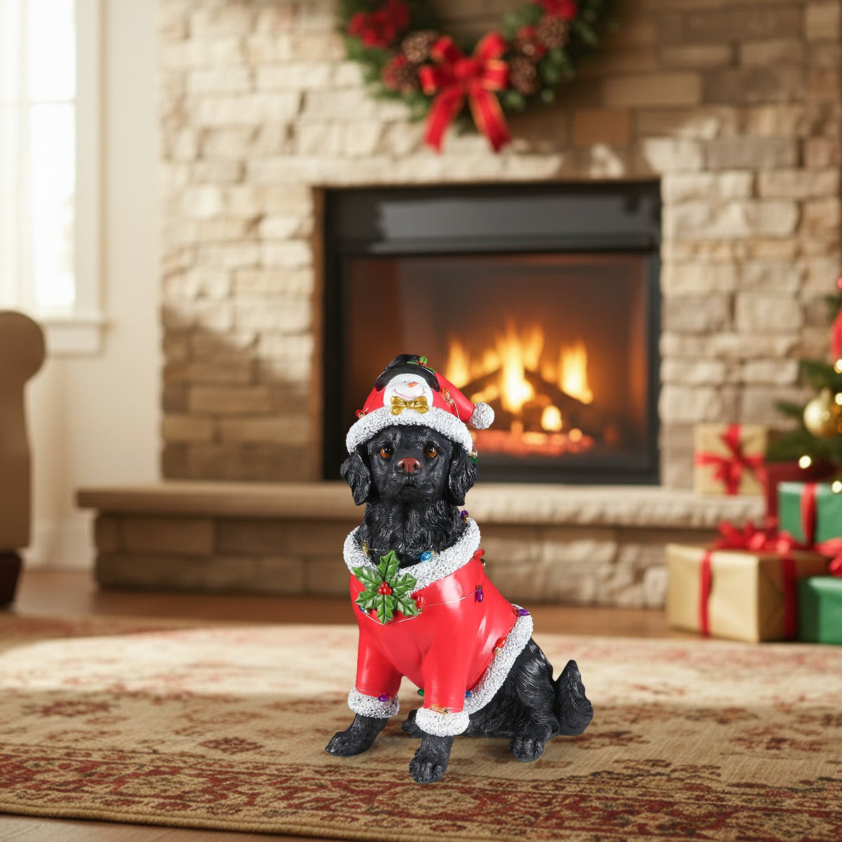 Christmas Dog Statue with Santa Outfit - Black Retriever Holiday Figurine