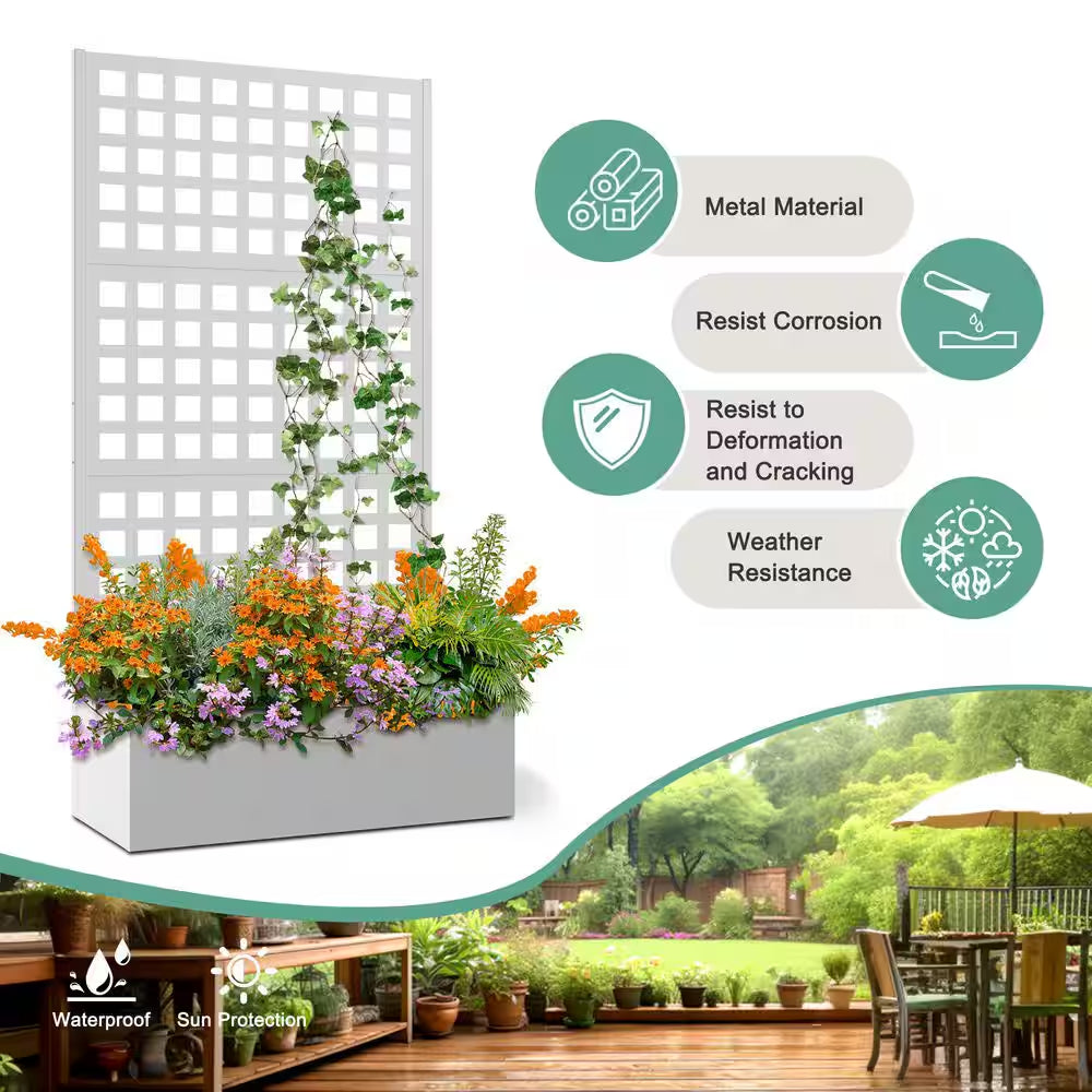 35 In. L X 16 In. W X 71 In. H White Metal Raised Garden Planter Box with Trellis for Climbing Plants, Cucumbers