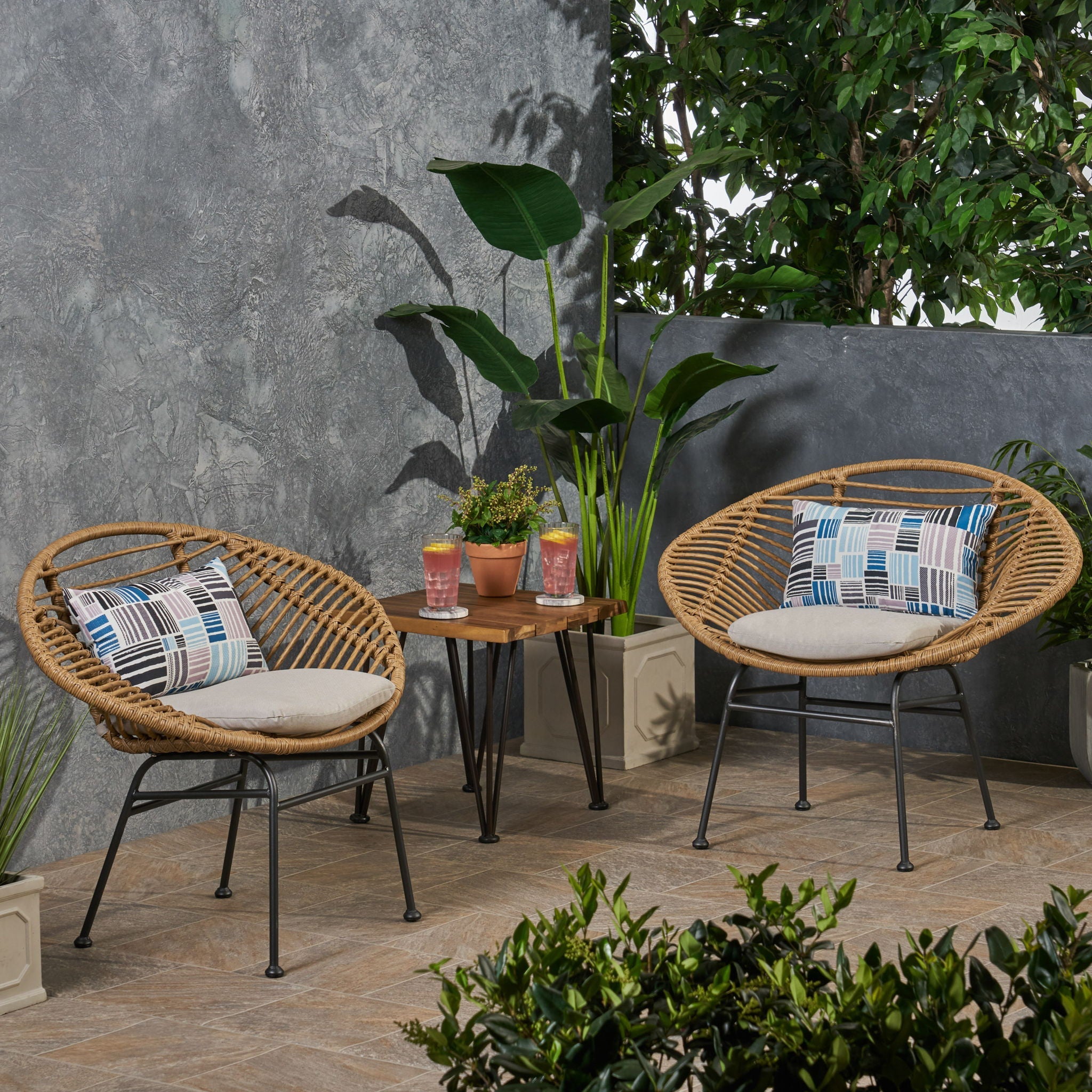 Cordella Outdoor Woven Wicker Chairs with Cushions, Set of 2