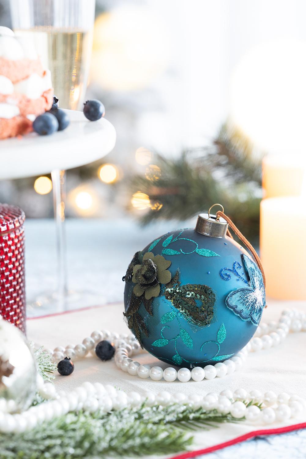 Light Blue Glass Christmas Ball Ornaments with Glitter Details - Set of 4 or 6