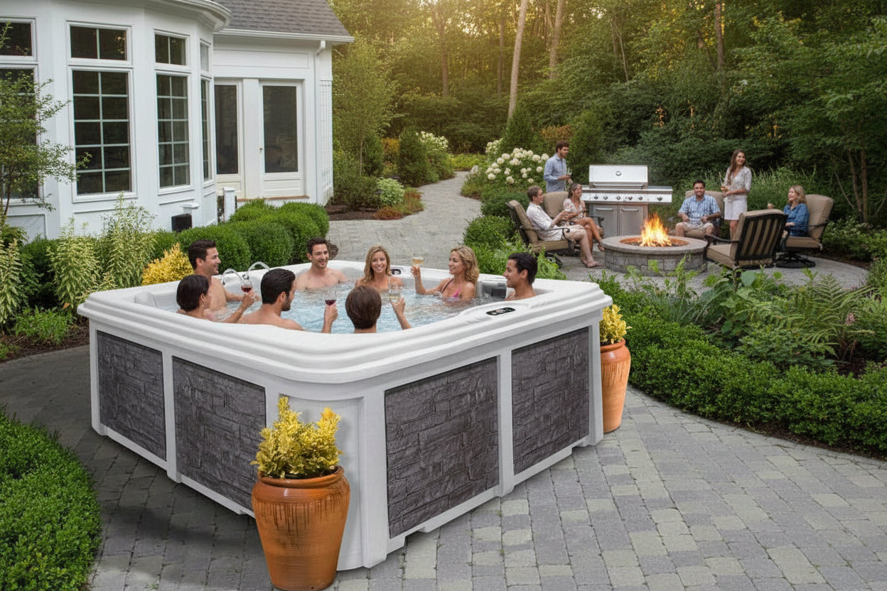 Arcadia Luxury Hot Tub – 7-Person Spa with Dual Captain’s Chairs & Open Footwell, 8' Design