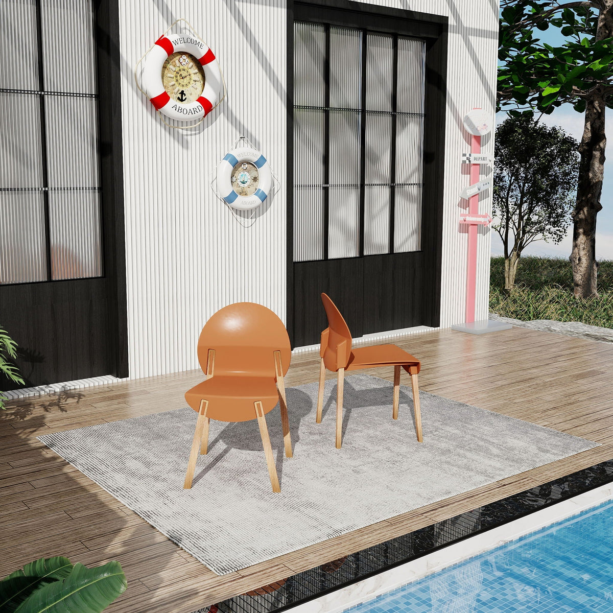 4 Piece Outdoor Chair Set with Waterproof Polypropylene Seats and Oak Legs - Blue, Orange, Red