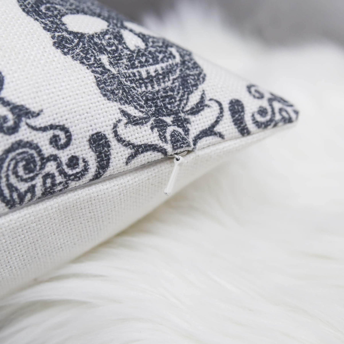 Gothic Damask Skull Throw Pillow Cover with Hidden Zipper - Black & White Cotton Linen