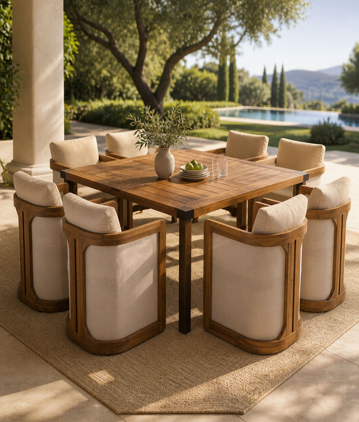 9‑Piece Outdoor Patio Dining Set, 64" Square Acacia Wood Dining Table with Metal Legs & 8 Pcs Acacia Wood Dining Chairs with