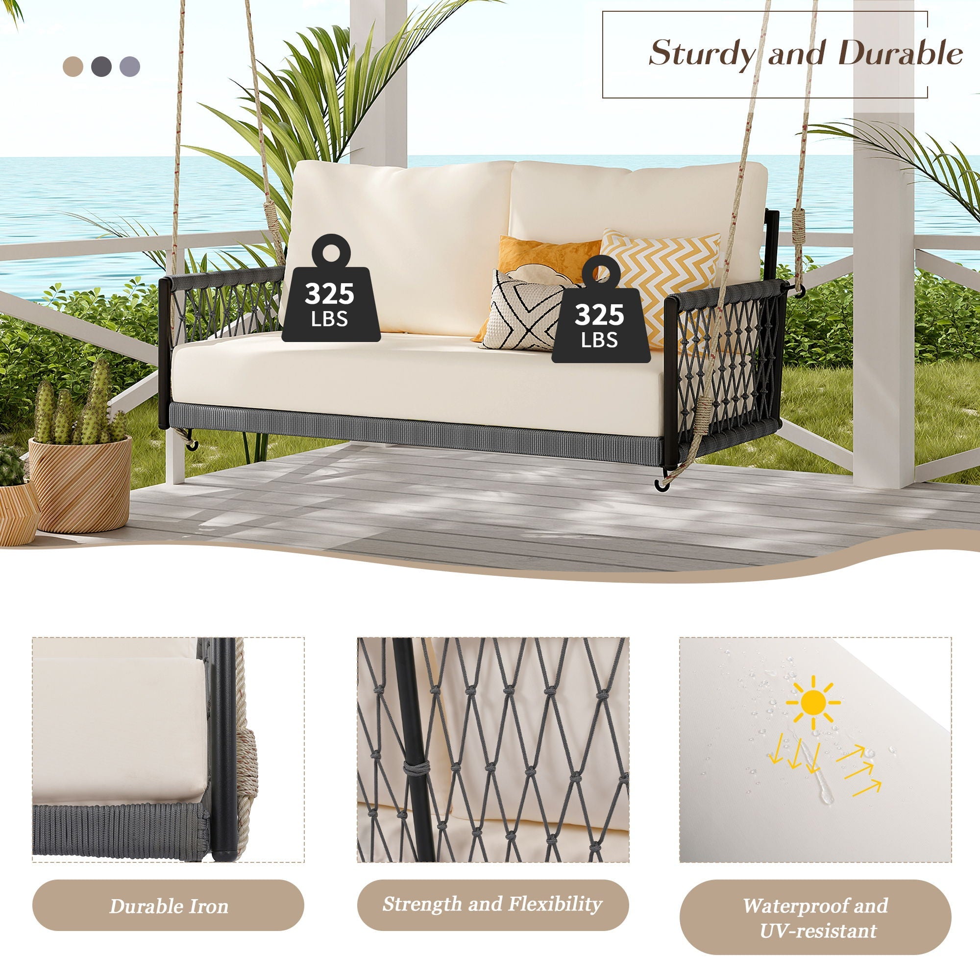 Outdoor Swing Sofa With Soft Cushions For Patio - Beige