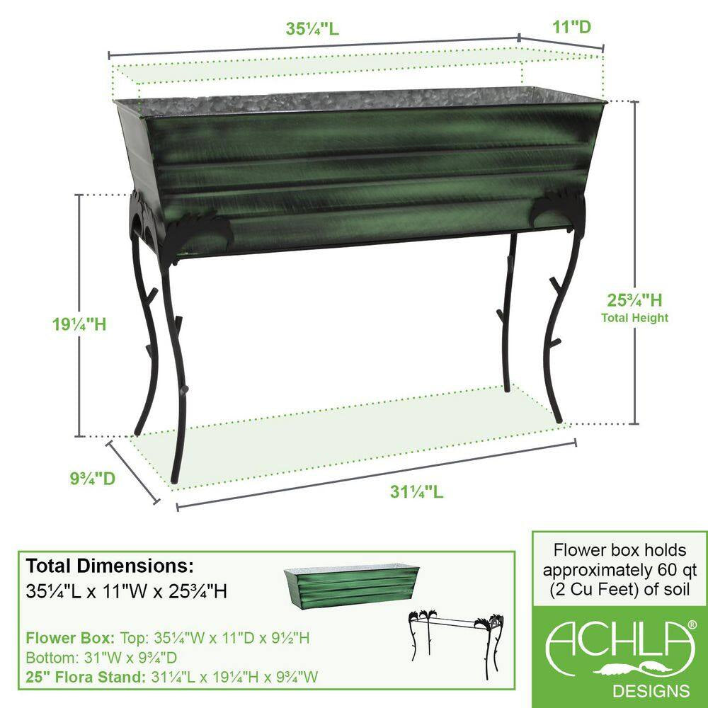 25.75 In. H Rectangular Classic Green Galvanized Steel Large Flower Box W/ Black Wrought Iron Flora Stand