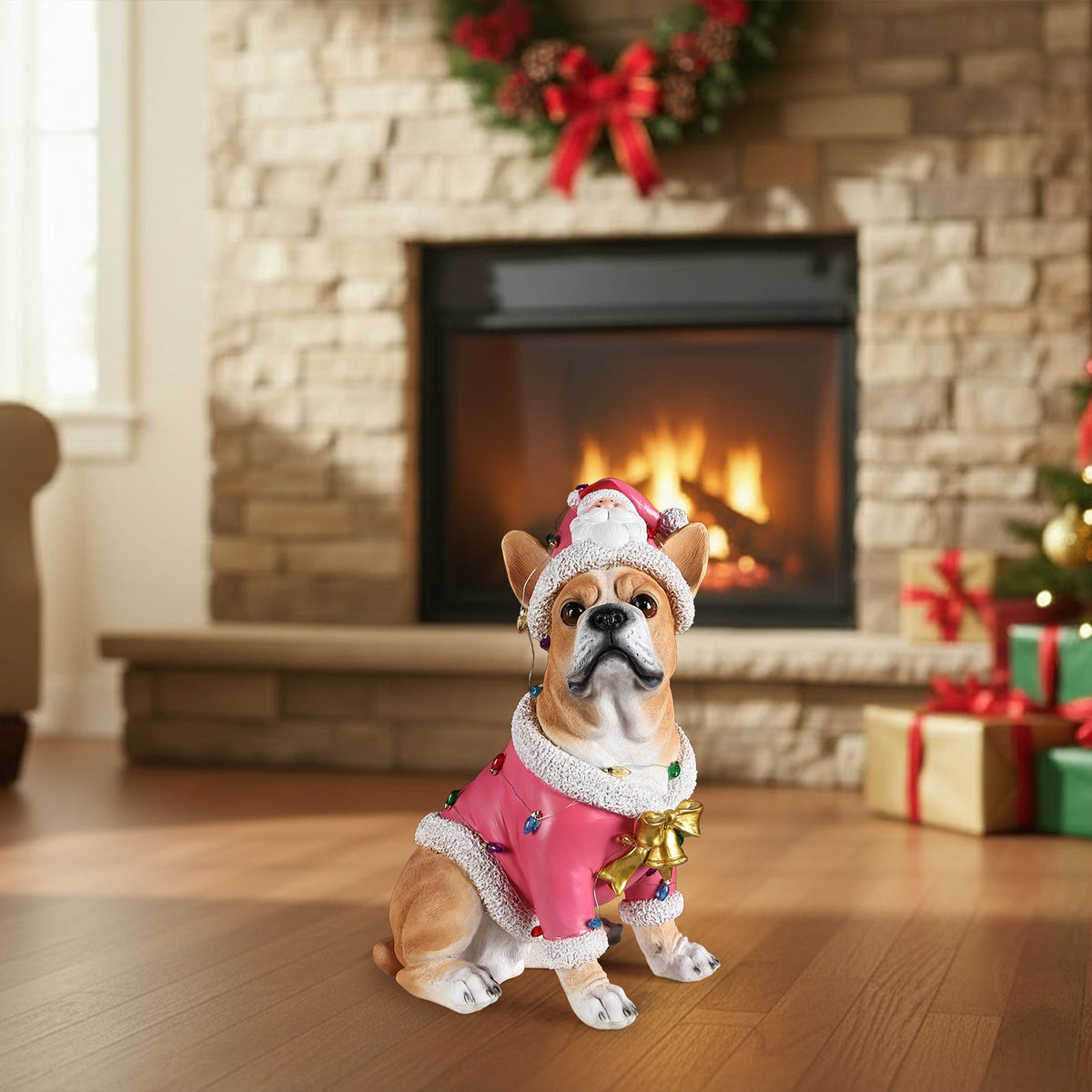 Christmas French Bulldog Statue with Pink Santa Outfit - Resin
