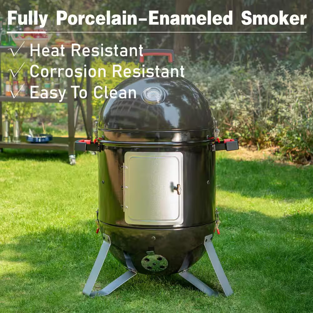 18 In. Charcoal Smoker in Black with Thermometer and Meat Probe