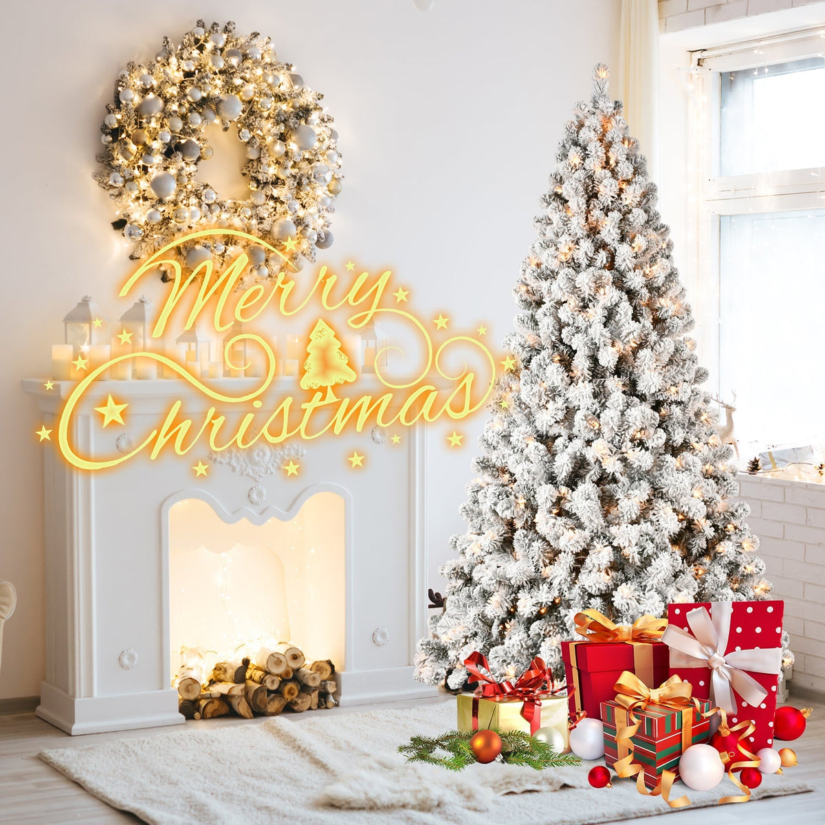 5-Foot Pre-Lit Snow-Flocked Christmas Tree with 650 LED Lights - Green/White