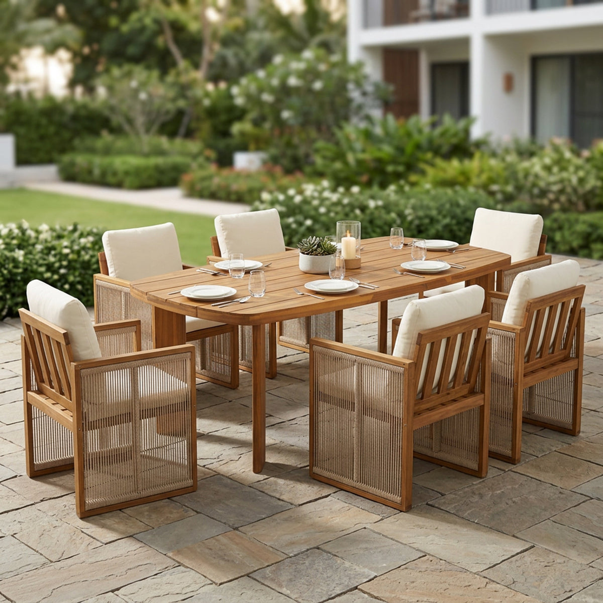 7-Piece Outdoor Patio Dining Set with Cushions - Teak Finish