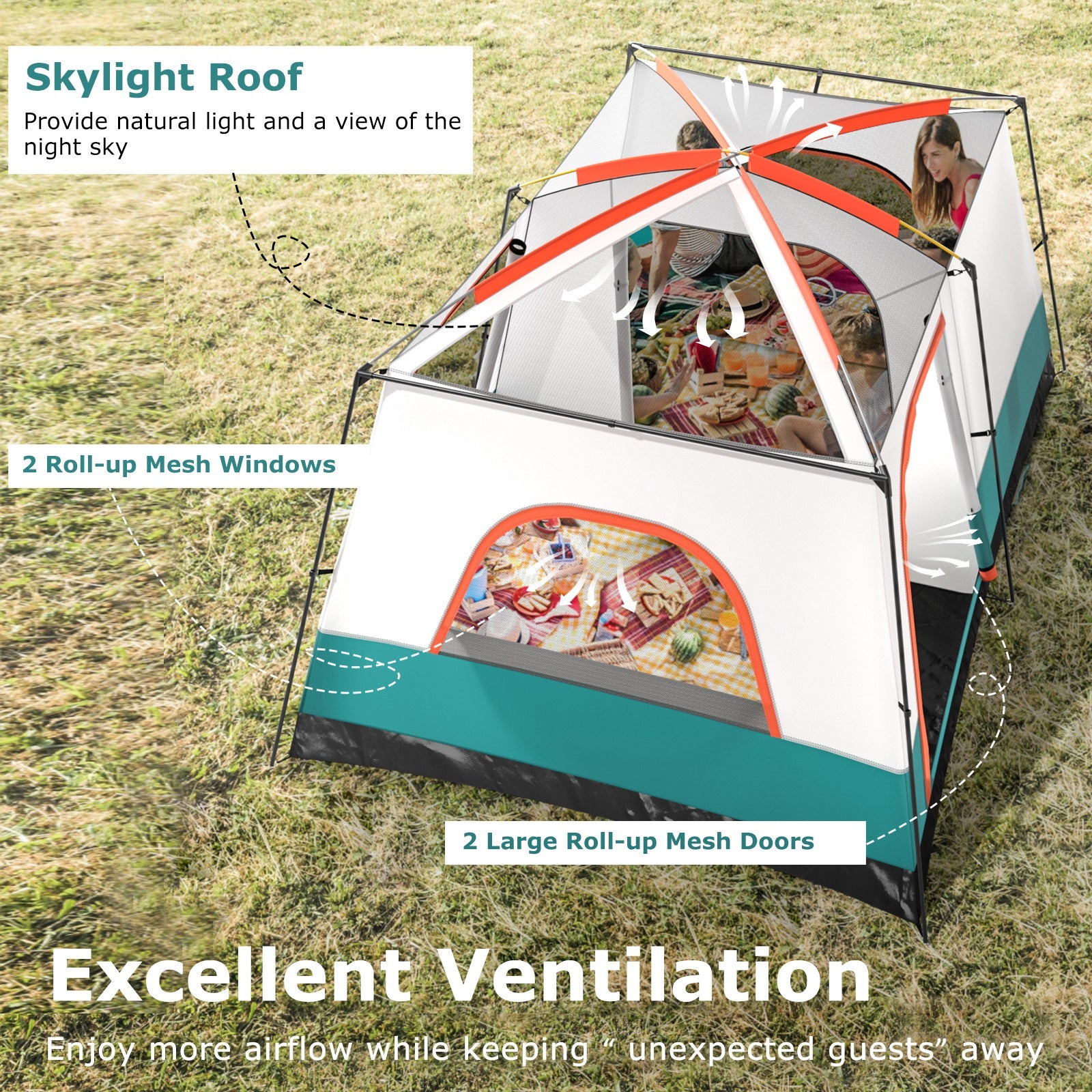 6-8 Person Camping Tent with Double Rooms and 2 Doors-Green