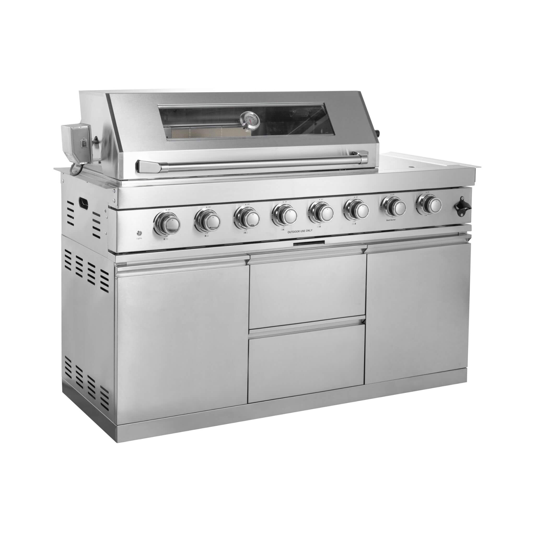 Castelle Flame Capri 96-Inch 6-Burner 85000 BTU Outdoor Kitchen Liquid Propane Grill Island With Fridge