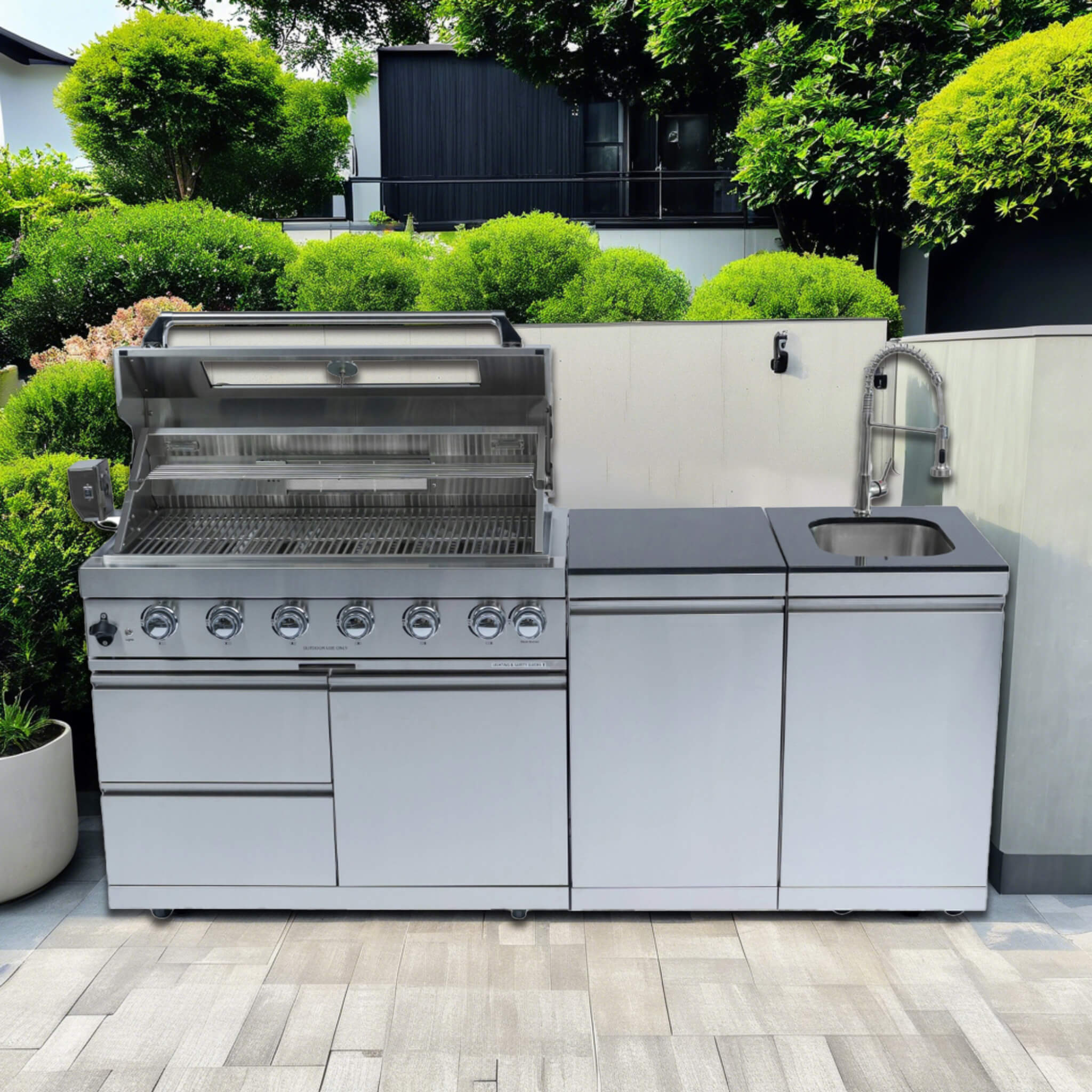 Castelle Flame Granite Outdoor BBQ Kitchen Island With 43-Inch 6-Burner Gas Grill, Rotisserie Kit, Cabinets, And Sink (SAK73518)