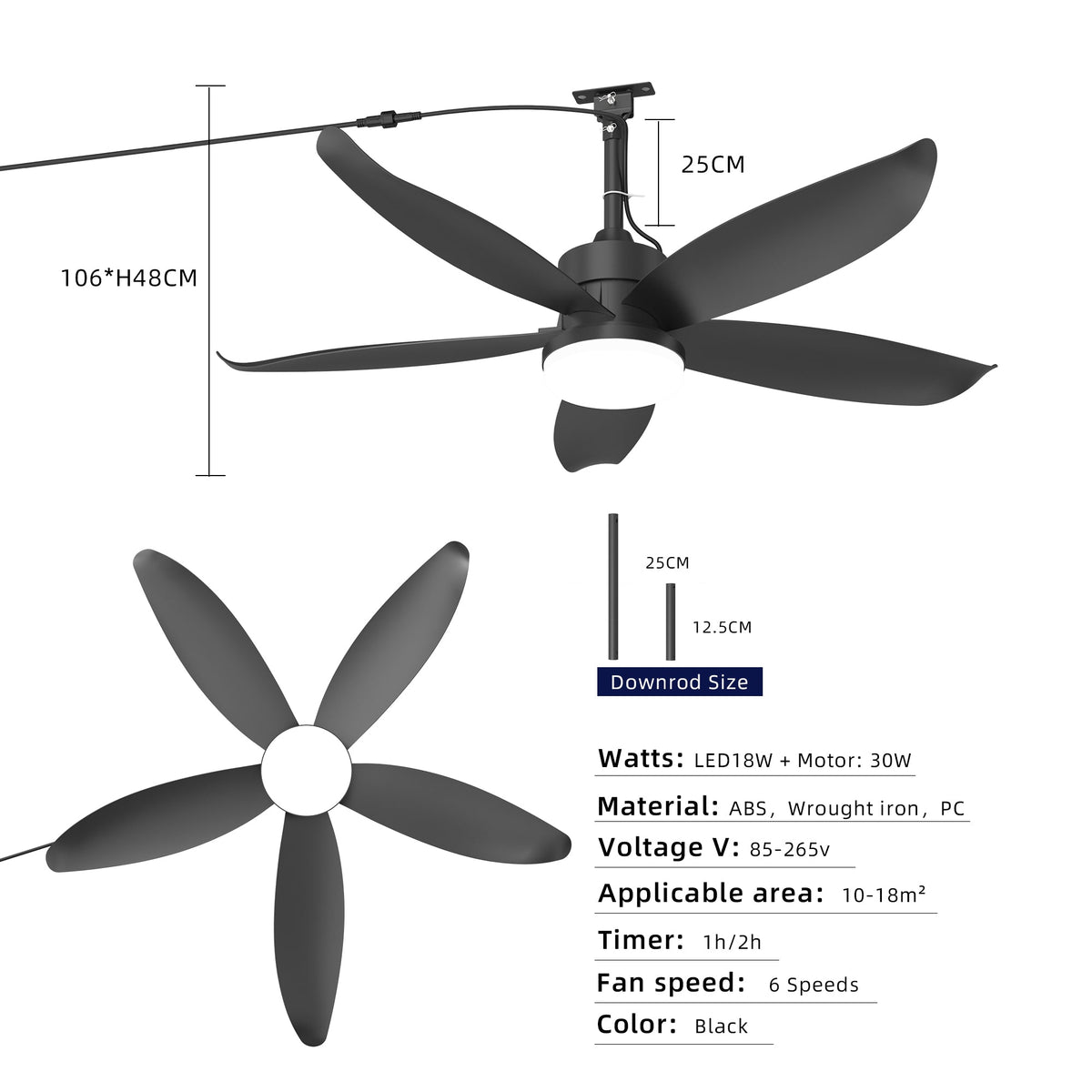 42-Inch Outdoor Ceiling Fan with Waterproof Light - Black