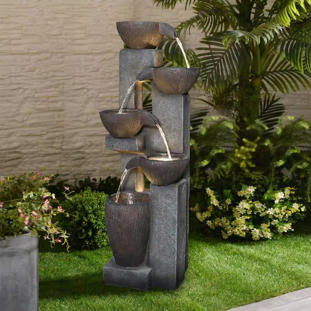 5-Tiers Outdoor Water Fountains with LED Lights, 39 In. Floor Standing Waterfall Fountains for Garden, Patio, Porch