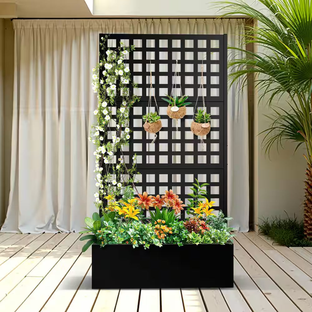 35 In. L X 16 In. W X 71 In. H Black Metal Raised Garden Planter Box Trellis-Rectangle Outdoor Pot for Climbing Plants