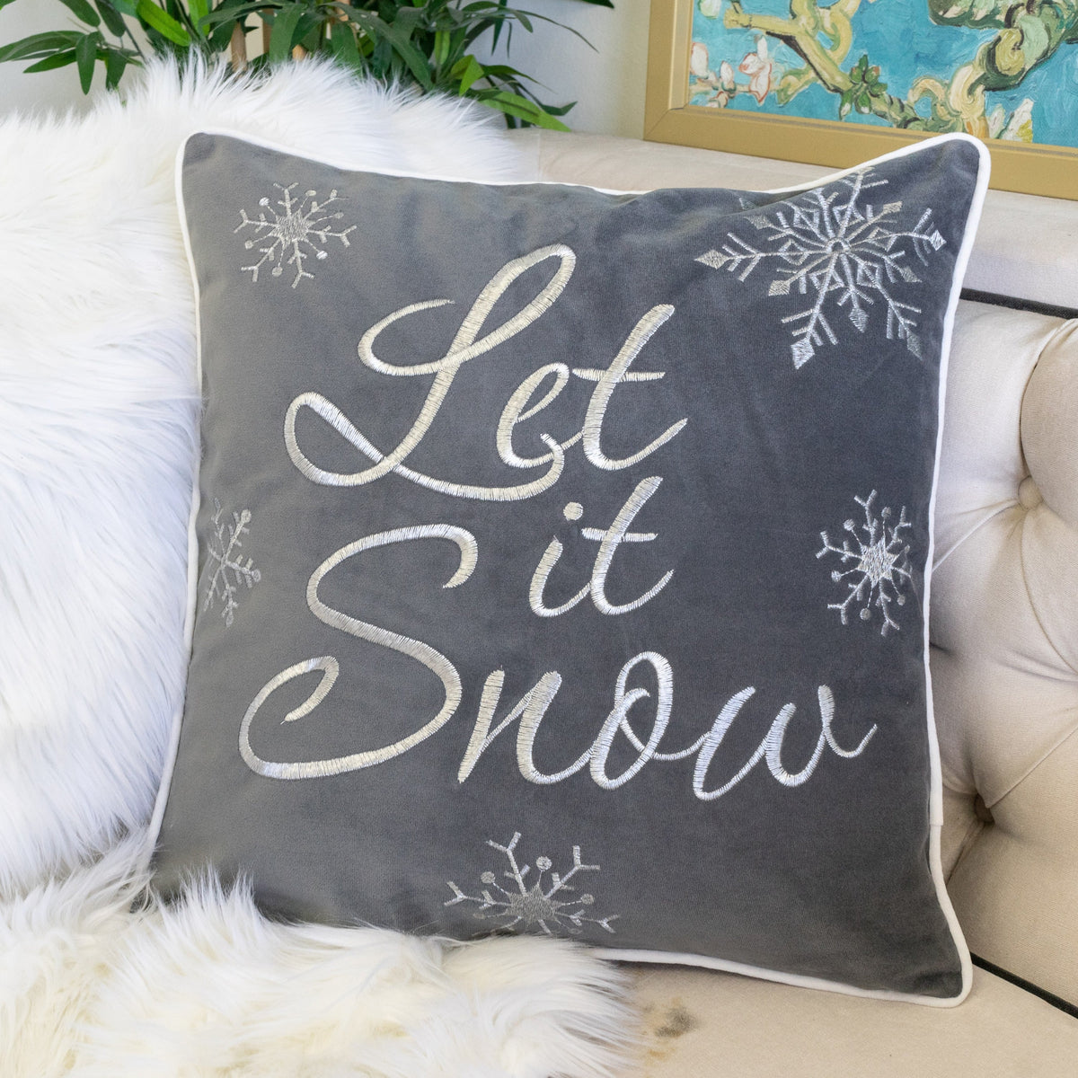 Let It Snow Embroidered Cotton Throw Pillow with Winter Embroidery - Gray