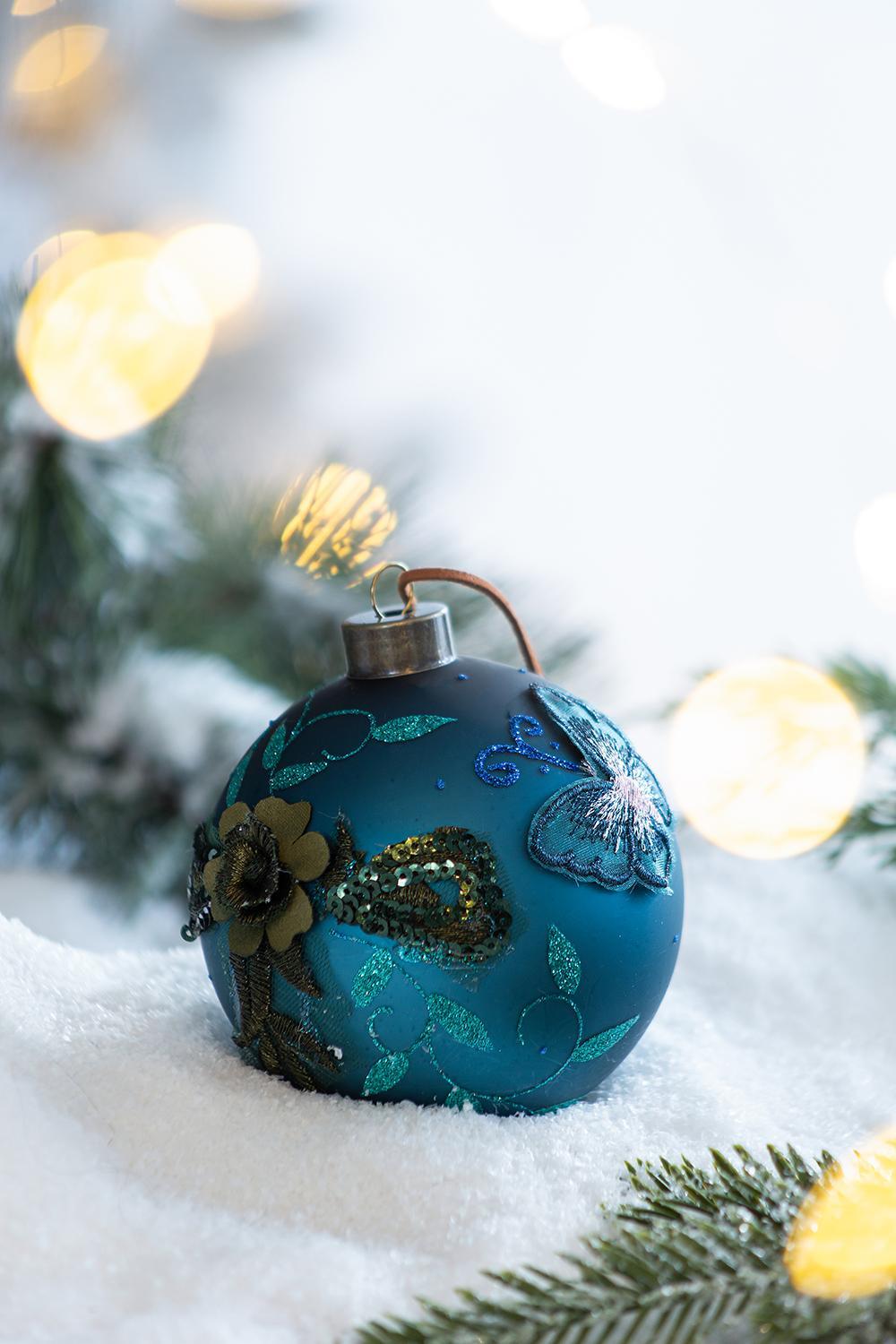 Light Blue Glass Christmas Ball Ornaments with Glitter Details - Set of 4 or 6