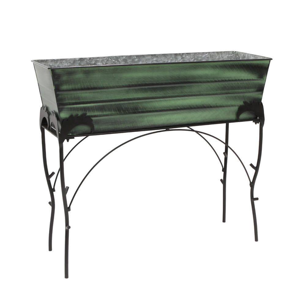 30 In. H Rectangular Classic Green Galvanized Steel Large Flower Box with Black Wrought Iron Flora Stand