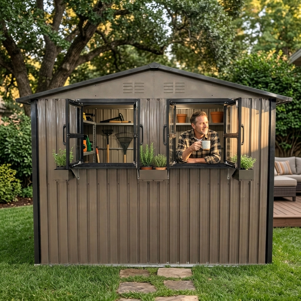 6x9 FT Outdoor Metal Storage Shed with Window & Flower Rack