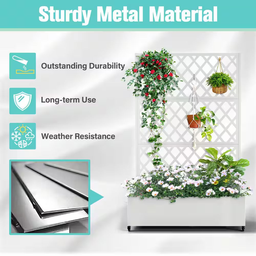 47 In. X 16 In. X 71 In. White Metal Raised Garden Planter Box with Trellis-Rust-Proof for Cucumbers and Climbing Plants
