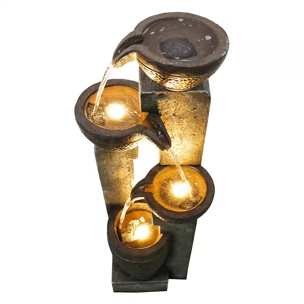 40 In. Resin Fiber Modern Outdoor Fountain, 4-Tier Garden Water Feature W/Soothing Sounds & LED Lights for House Office