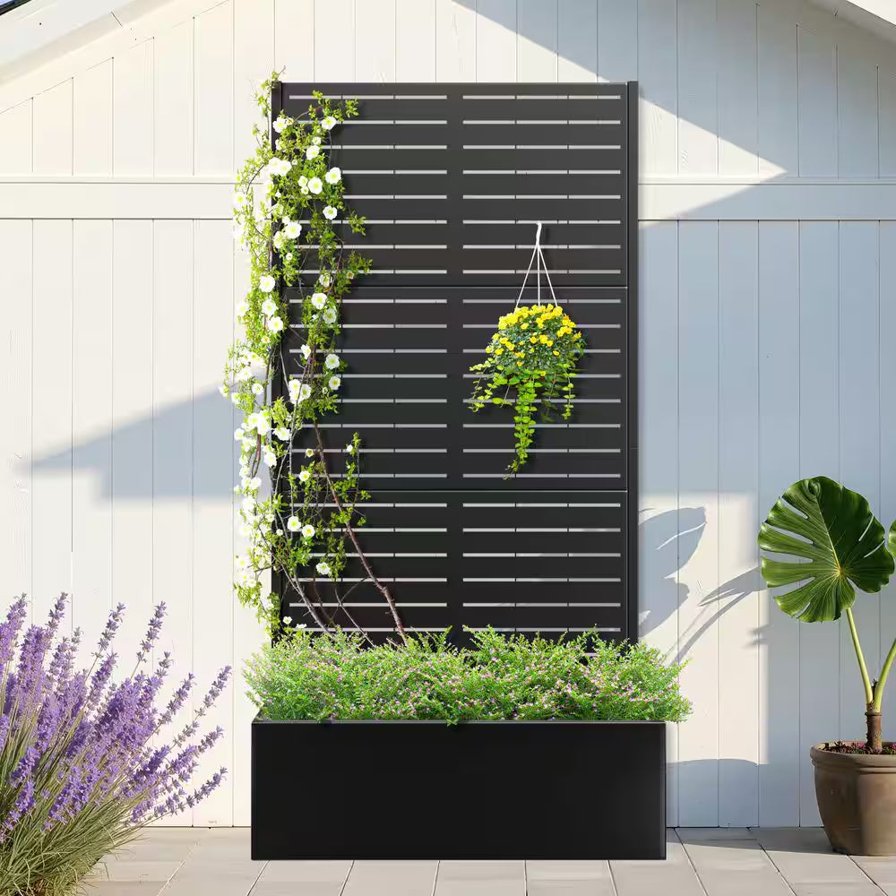 35 In. X 16 In. X 71 In. Black Metal Raised Garden Planter Box with Trellis for Climbing Plants and Cucumbers