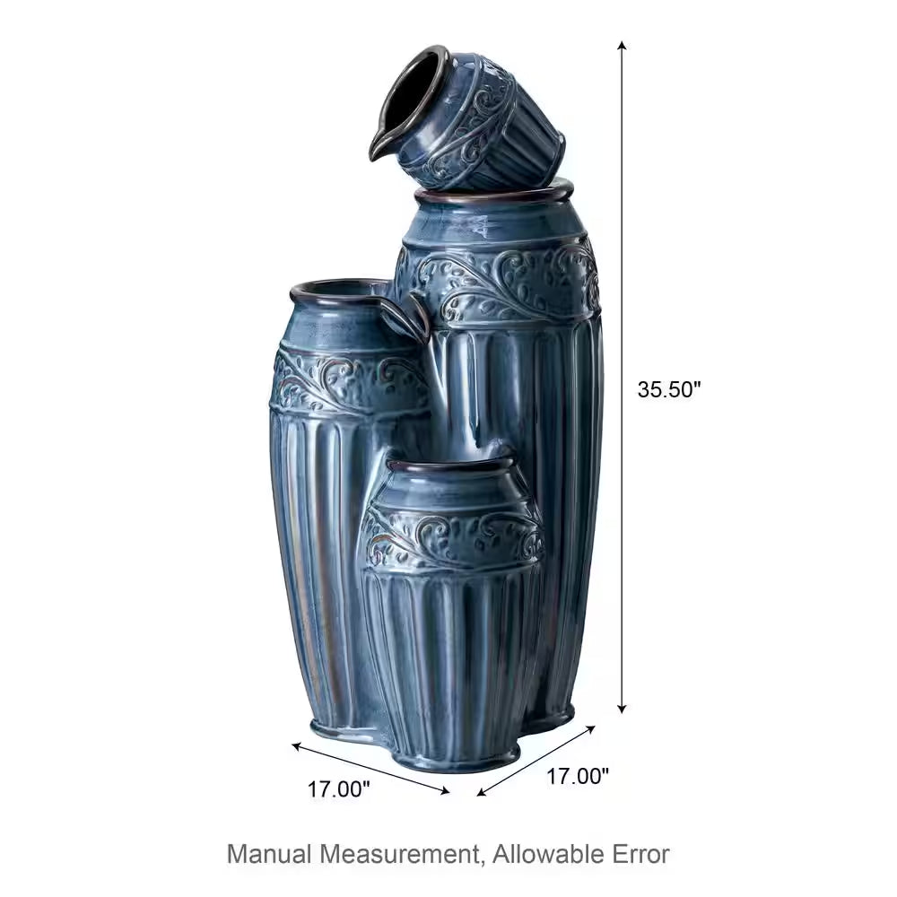 35.5 In. H Outdoor Oversized 4-Tiered Turquoise Embossed Pattern Ceramic Pots Floor Fountain with Pump and LED Light