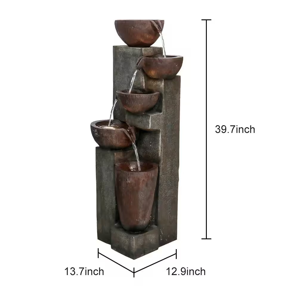39.7 In. Resin Outdoor Fountain -5-Tier Modern Water Feature, Garden Waterfall Fountain with Lights for Patio, Yard