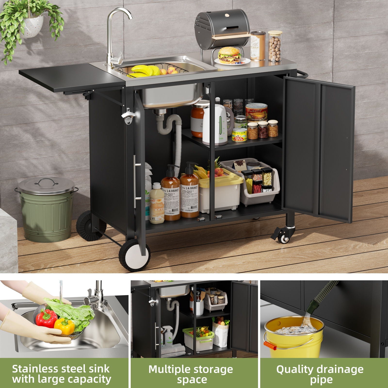 Outdoor Grill Table With Sink, Worktable Kitchen Cabinet Island With Wheels & Foldable Top - Black