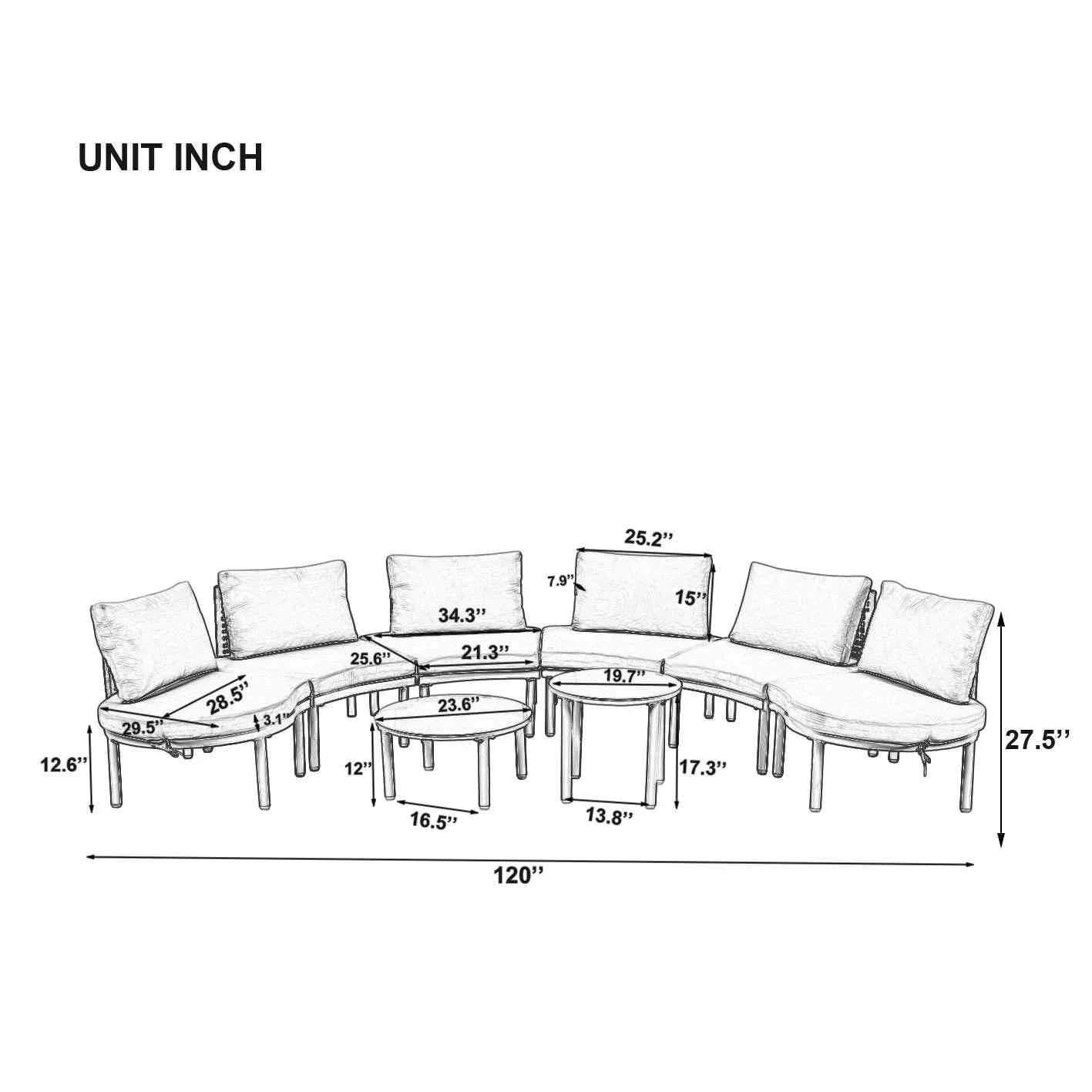 8-Piece Patio Sofa Furniture Set, Half Moon Outdoor Sectional Sofa