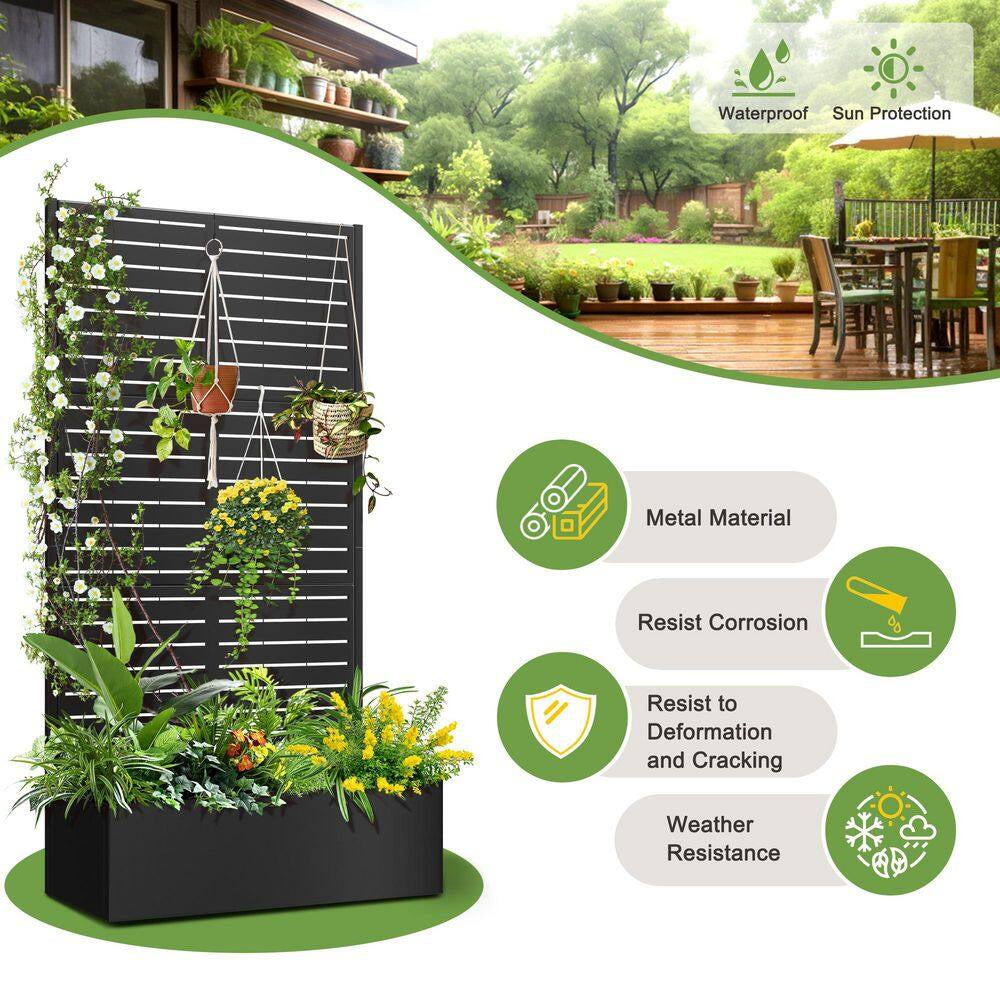 35 In. L X 16 In. W X 71 In. H Metal Raised Garden Planter Box Trellis-Black Rectangle Pot Climbing Plants Cucumbers