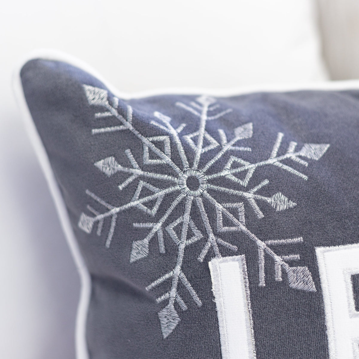 Gray Velvet Lumbar Throw Pillow with Snowflake Embroidery - 14x20
