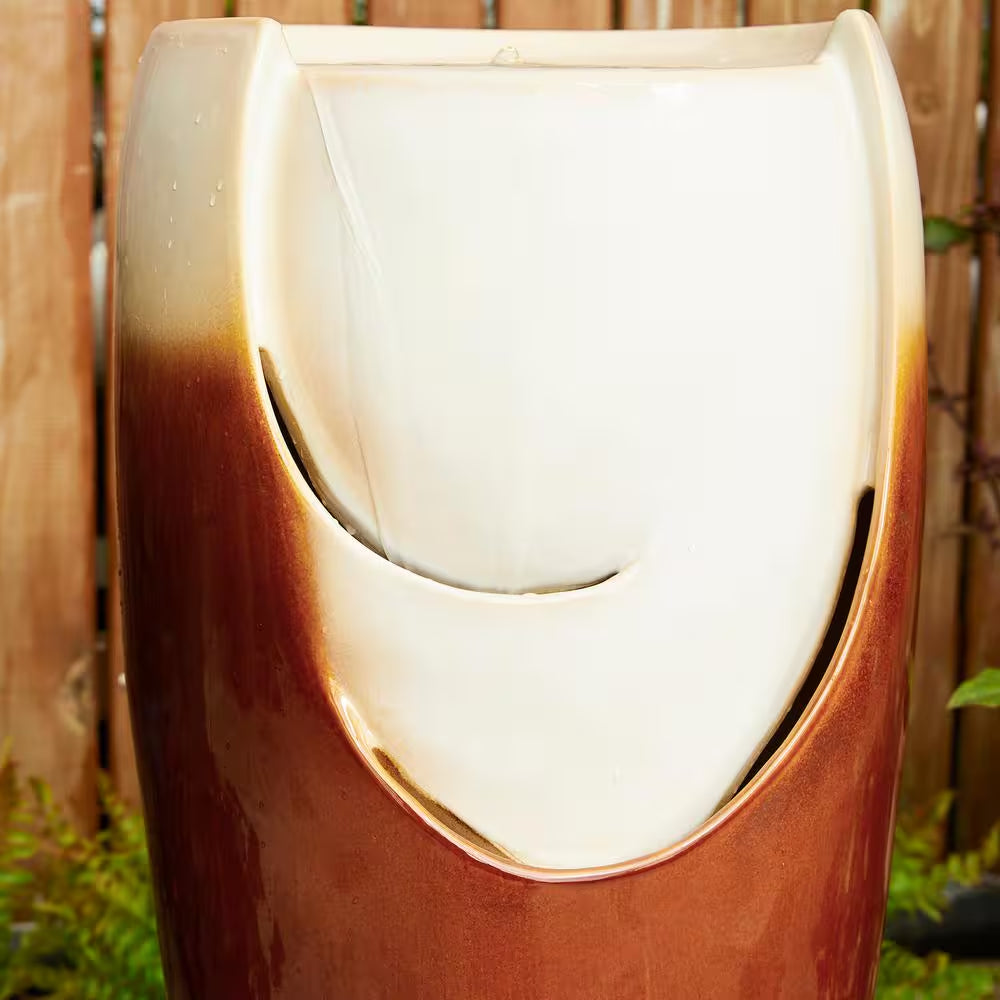 29.25 In. H Outdoor Oversized Sand Beige and Brown Glaze Ceramic Pot Water Floor Fountain with LED Light