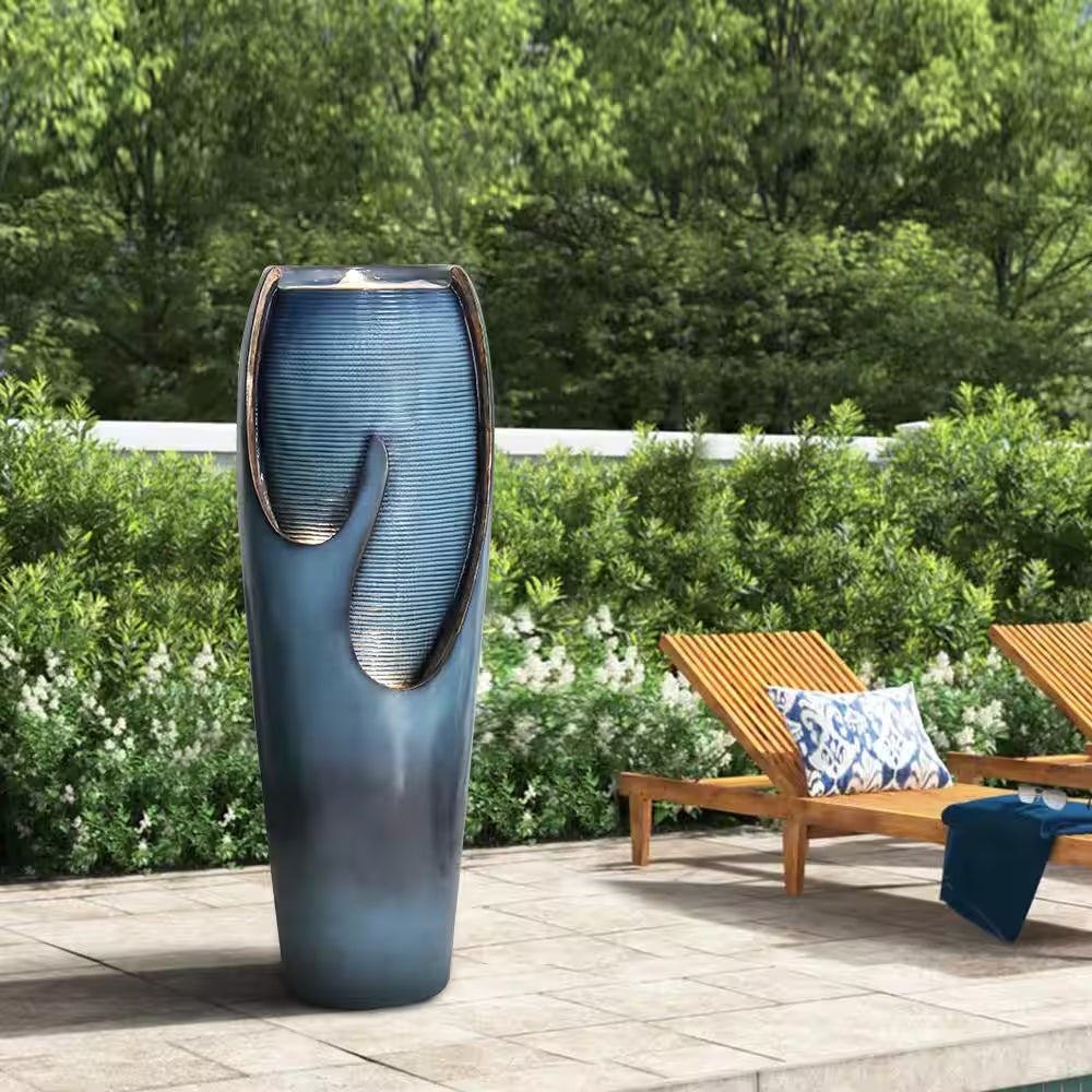 38.7In. Resin Outdoor Fountain and Waterfall -Indoor Water Jar Fountain Tall Floor with LED Lightandpump for House Decor