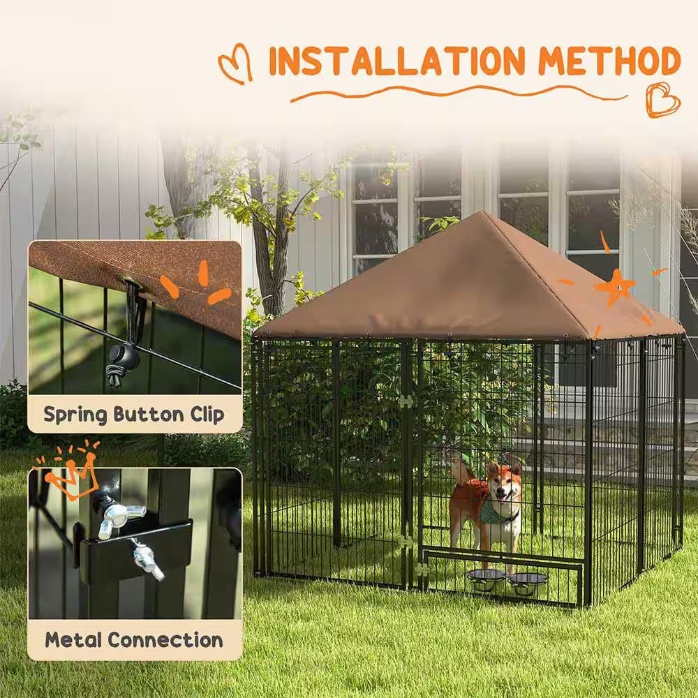 59.5 In. H Metal Garden Fence Outdoor Dog Kennel with Canopy and Rotating Bowl