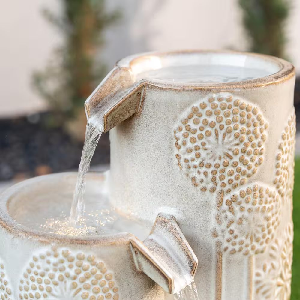 25 In. H Freestanding Cascadian Outdoor Garden Fountain W/Flower Details and Warm LED Lights, Ceramic, Beige