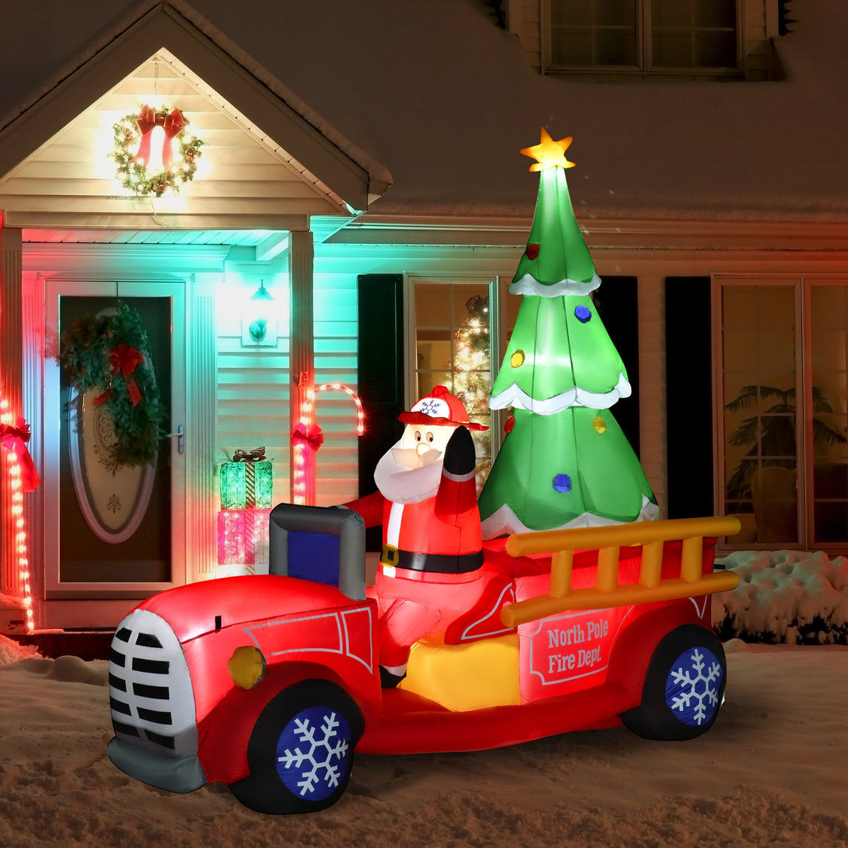 HOMCOM 7.5ft Christmas Inflatable Santa Claus Driving a Fire Truck with Tree, Outdoor Blow-Up Yard Decoration with LED Lights Display