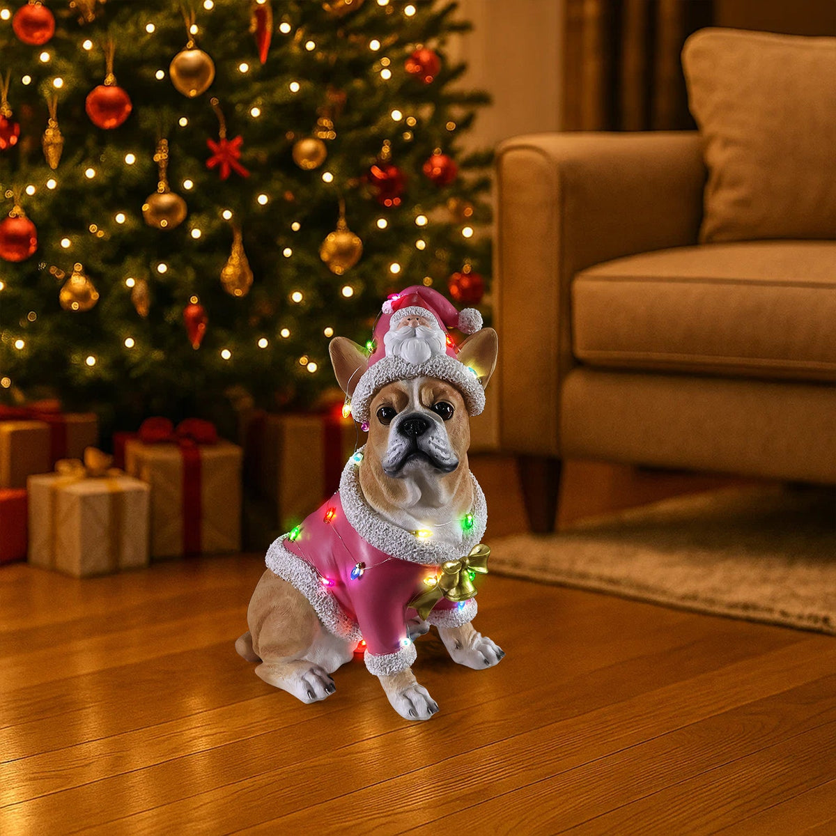 Christmas French Bulldog Statue with Pink Santa Outfit - Resin