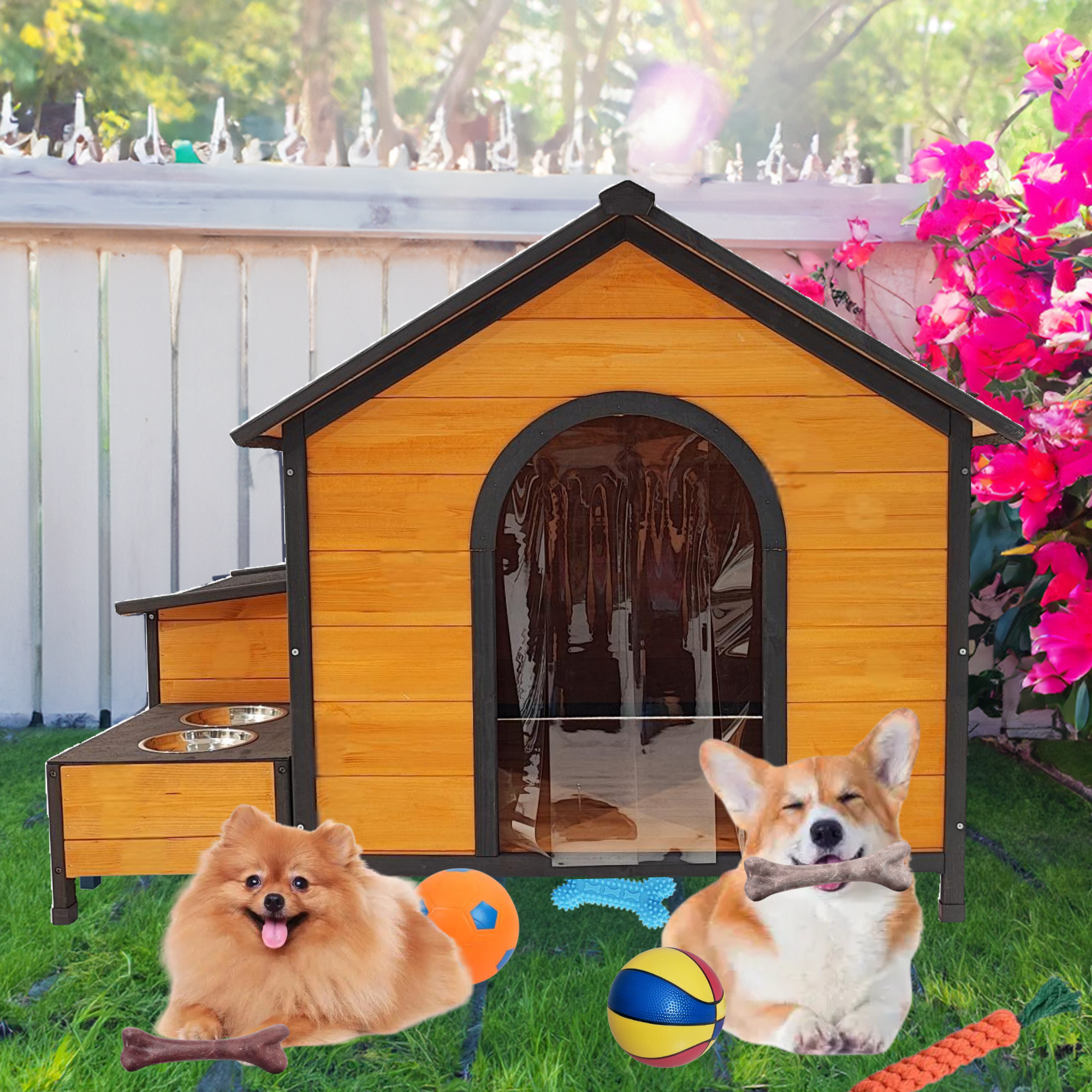 XPT088 Wearable and Strong Wooden Dog House with Metal Bowls and Toy Box
