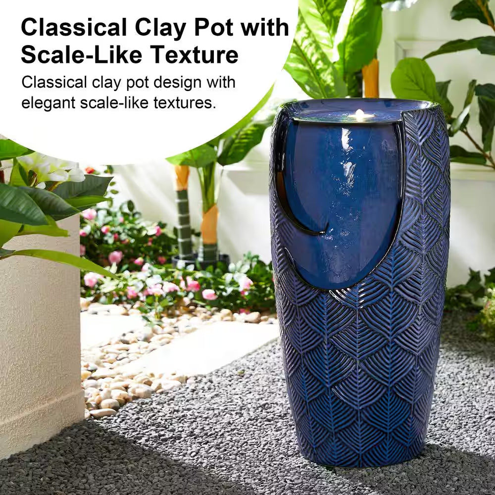 29.25 In. H Outdoor Oversized Cobalt Blue Scale-Like Textured Glaze Ceramic Pot Floor Fountain with LED Light