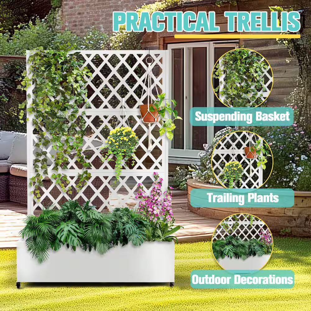 47 In. X 16 In. X 71 In. White Metal Raised Garden Planter Box with Trellis-Rust-Proof for Cucumbers and Climbing Plants