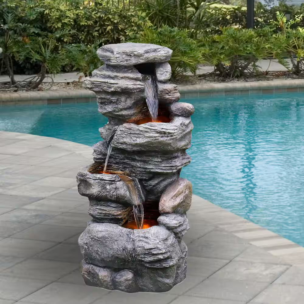 39.37 In. 4-Tier Outdoor Faux Stacked Stone Gray Tiered Water Fountain with LED Lights and Pump