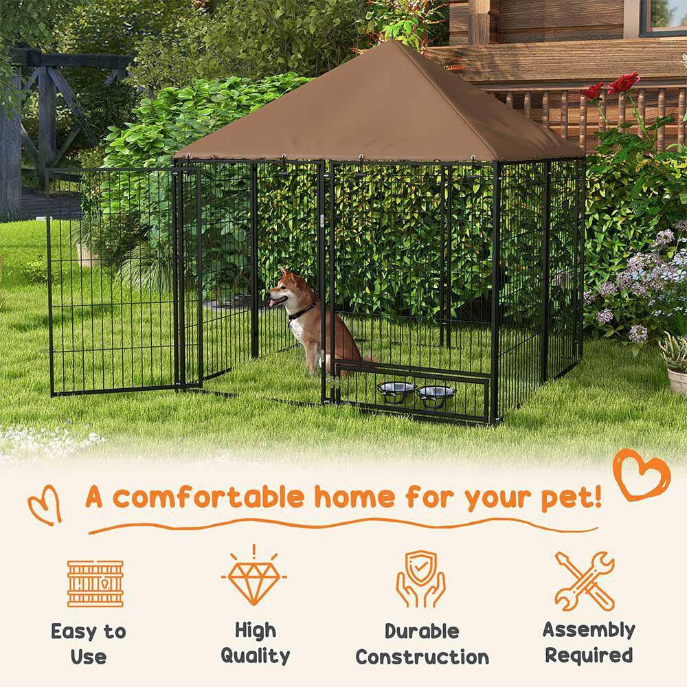 59.5 In. H Metal Garden Fence Outdoor Dog Kennel with Canopy and Rotating Bowl