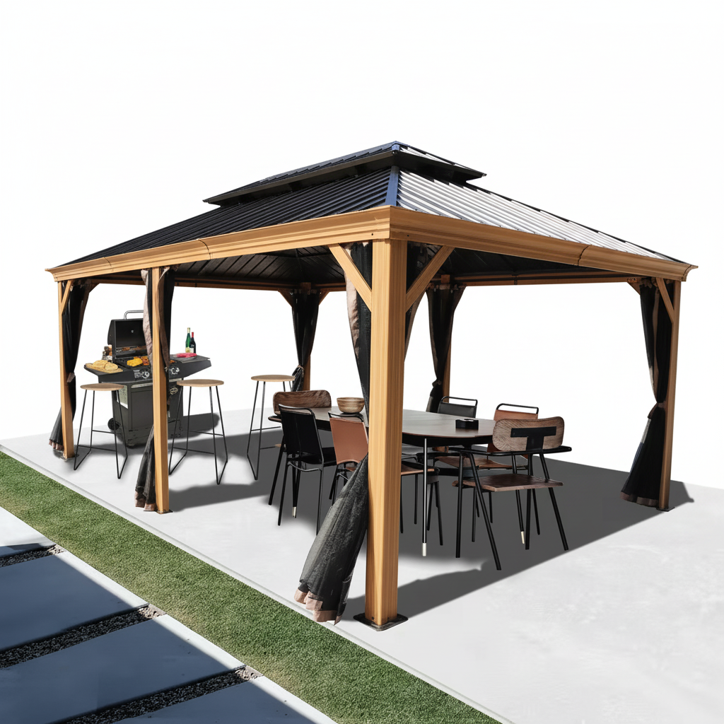 Apollo 12 Ft. X 18 Ft. Wood like Aluminum Hardtop Gazebo with Galvanized Steel Roof and Mosquito Net