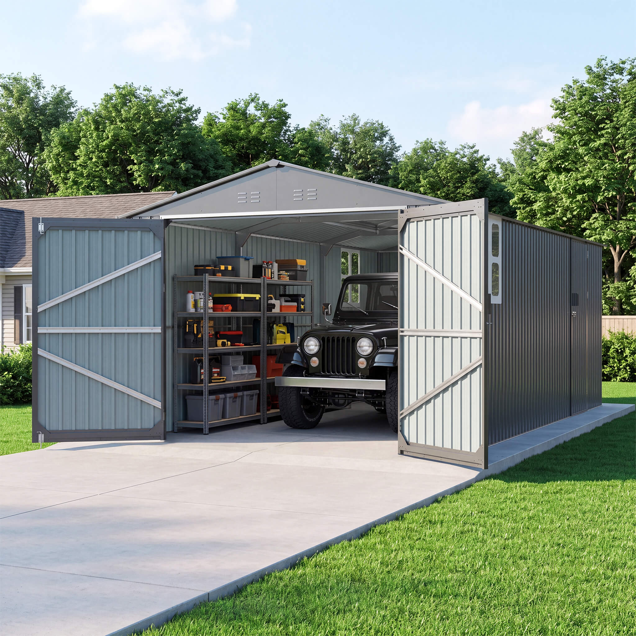 Alora Extra-Large Outdoor Galvanized Steel Outdoor Storage Shed With Skylight Roof