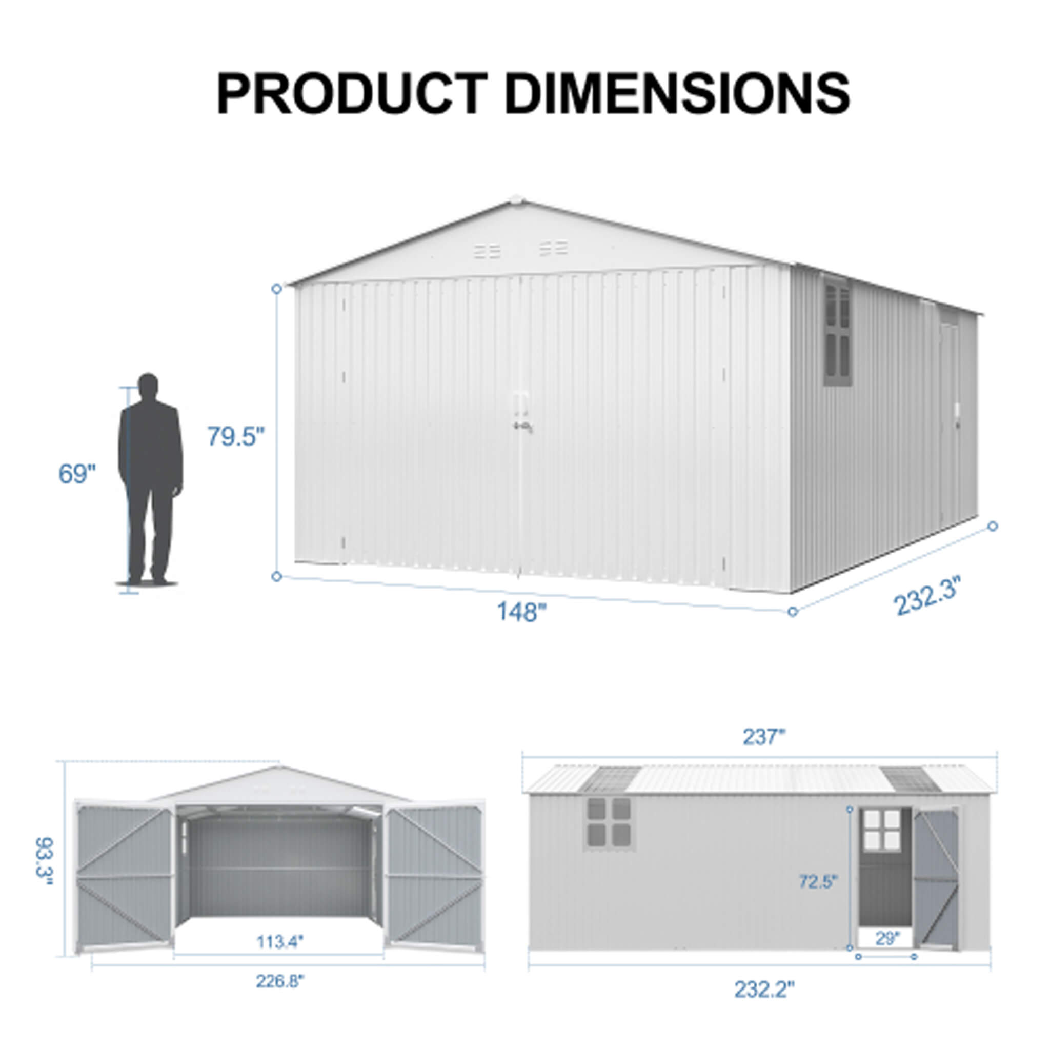 Alora Extra-Large Outdoor Galvanized Steel Outdoor Storage Shed With Skylight Roof