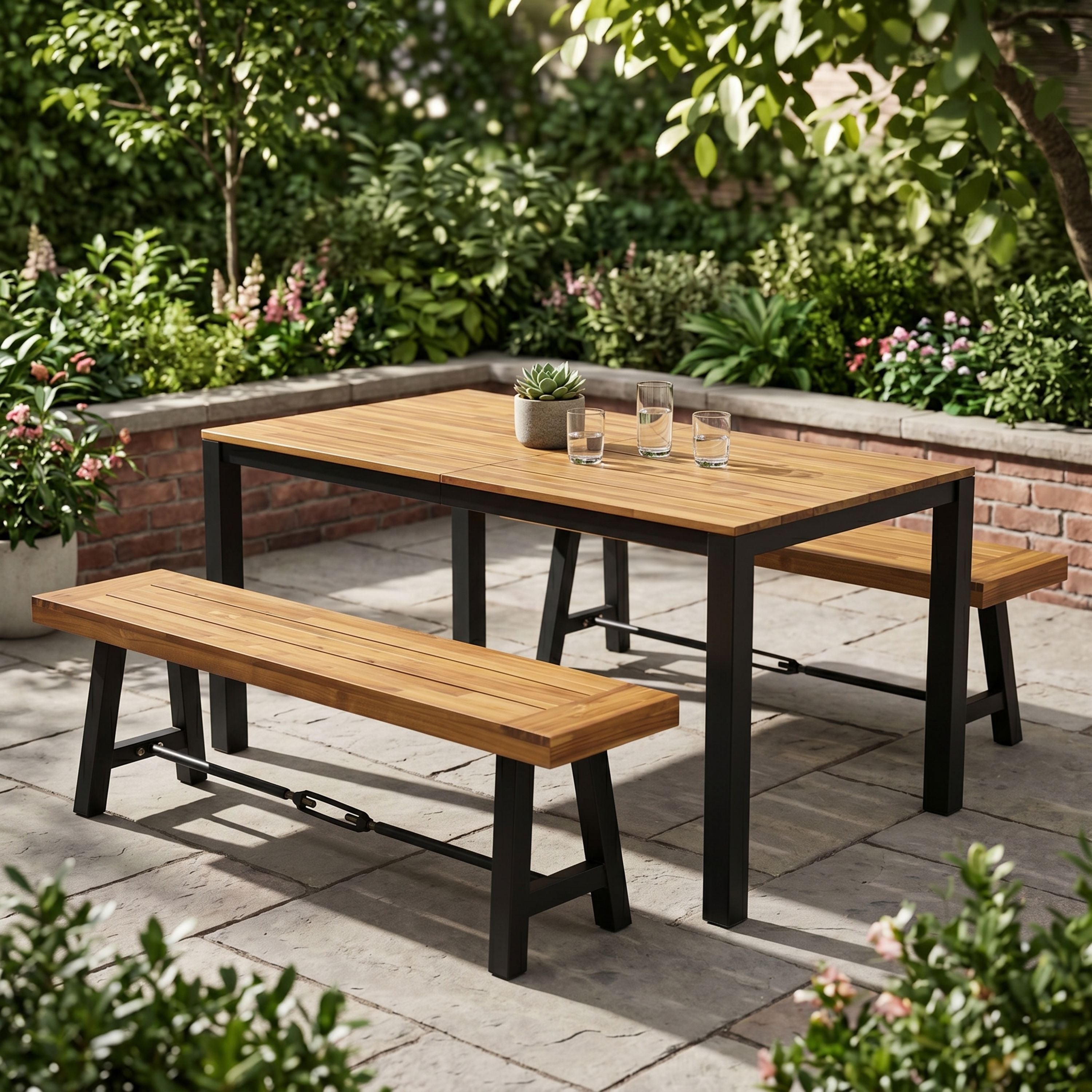 3-Piece Outdoor Acacia Wood Dining Set, 71" Rectangular Patio Table & 2 Benches